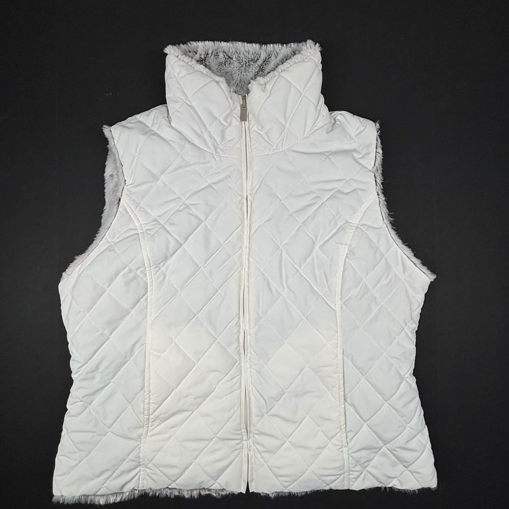 Women's SOFT Faux Fur Reversible Vest Quilted XL Gray White Zip Up Pockets EUC - Picture 2 of 9
